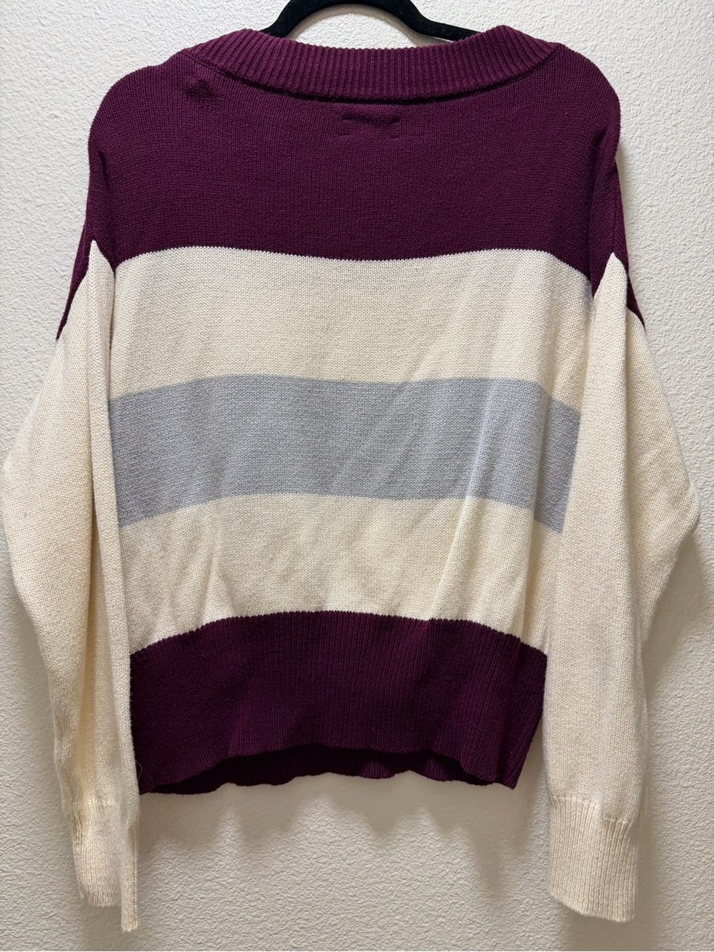 Retro Style Lucky Brand Plum, Cream & Light Gray Striped Crewneck Sweater - Picture 2 of 3